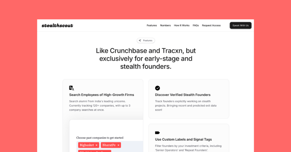 A graphic showing StealthScout landing page with copy "Like Tracxn and Crunchbase, but for People not Companies."